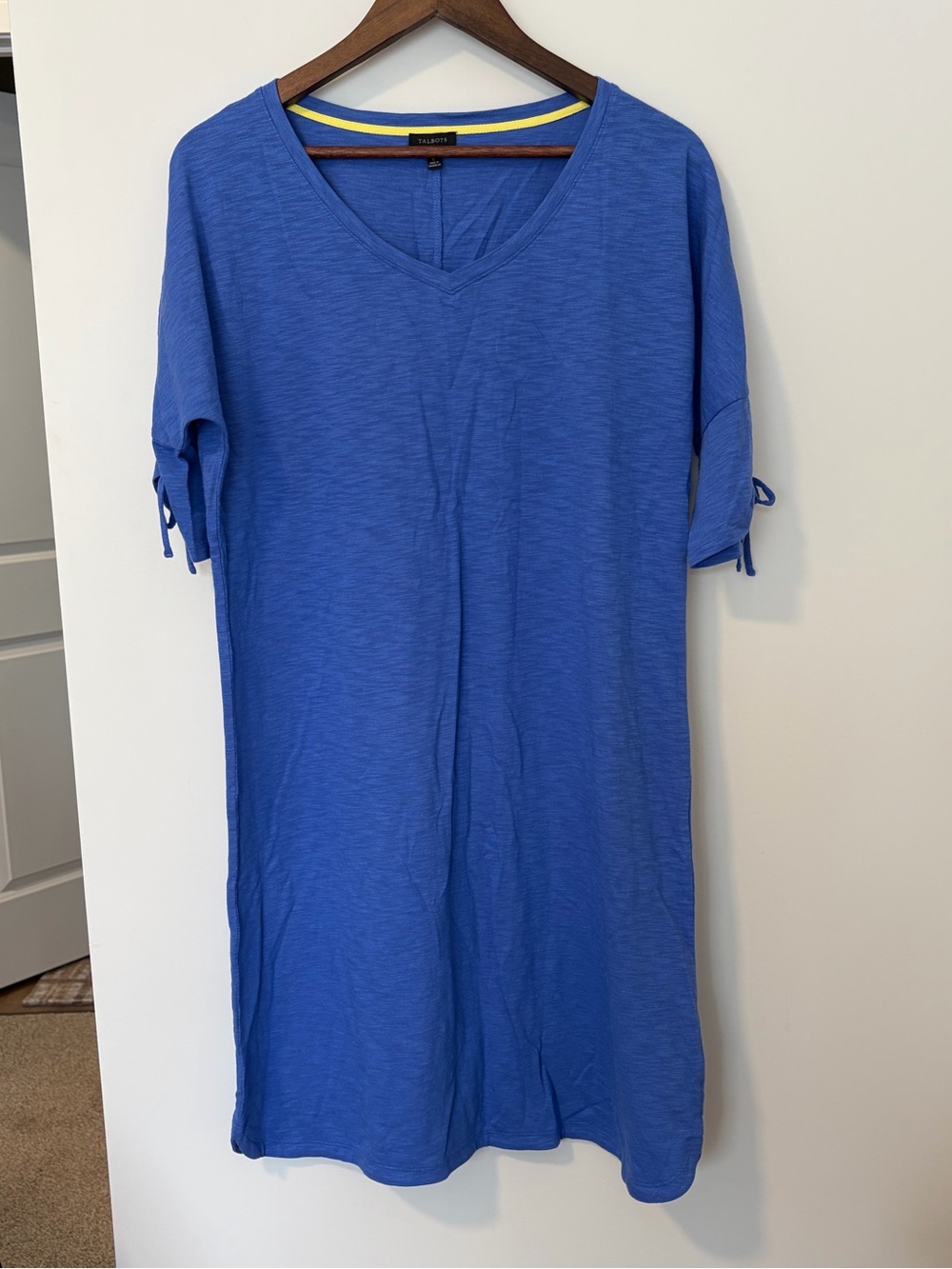 Talbots Royal Blue V-Neck Midi Cotton Summer Dress with Tie Sleeves Large